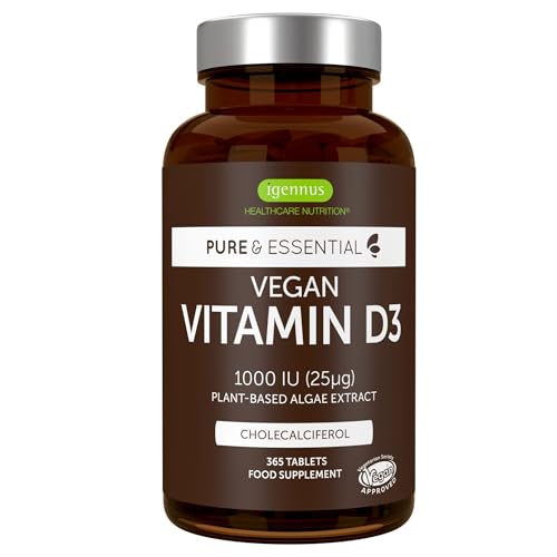 Vitamine D3 Végétale, 1000 UI Cholécalciférol, Cure d’un an, Extrait Naturel d'Algues Durables, 365 petits comprimés faciles à avaler, 100% Vegan - par Igennus