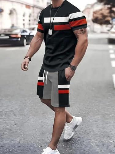 Xingfenly Summer Street Men' Suit Loose Comfortable Short Sleeves Outdoor Trend Sports Shorts Novelty Striped Print4