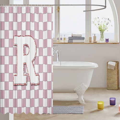 Image of Erosebridal Pink Initial R Bathroom Curtain Kawaii Plaid Checkered Shower Curtain 72 inch Wx72 L Cute Personalized Monogram Bathroom Accessories for Kids Girls,Fashion Grids Gingham Shower Decor