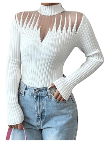 Image of MakeMeChic Women's Mesh Mock Neck Sweater Long Sleeve Rib Knit Fitted Pullovers White Large