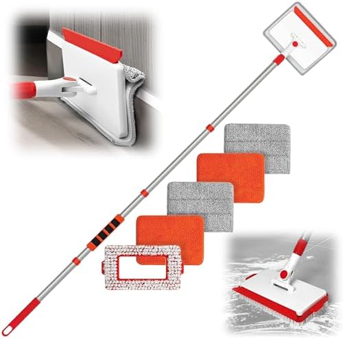 JEHONN Baseboard Cleaner Tool with Handle, 56 inches Base Boards Cleaning Mop Scrubber, 1 Stiff Bristles Brush, 2 Chenille and 2 Microfiber Pads, Wall Duster for Floorboard Ceiling Window (Red)