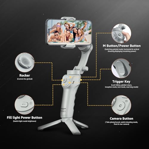 Image of Amazon Basics 3-Axis Smartphone Gimbal Stabilizer with AI Face&Body Tracking|Foldable Design |Adjustable Fill Light| 8 Hr Battery| iPhone, Android Compatible| Perfect for travel /vlogging,Grey (AB-M01)