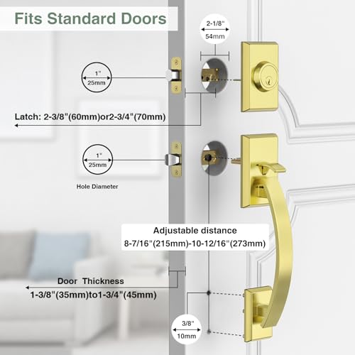 Image of Front Door Lock Set, Gold Front Door Handle and Deadbolt Set Adjustable, 12.7in Gold Heavy Exterior Entry Handle Reversible