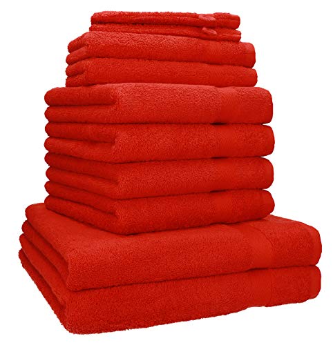 Betz Lot de 10 Serviettes Set de 2 Serviettes de Bain 4 Serviettes de Toilette 2 Serviettes d'invité et 2 Gants de Toilette 100% Coton Premium Couleur Rouge