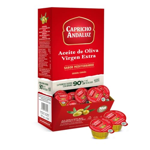 Capricho Andaluz - Aceite de Oliva Virgen Extra Expositor 168 Monodosis 10ml, Tarrinas Individuales Prácticas para Restauración, Buffets y Uso Diario