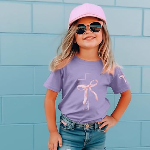 Image of Girls Cute Christian Shirts Kids Pink Bow Shirt Jesus God Faith Tshirts Aesthetic Cross Bible Verse Graphic Tee Tops