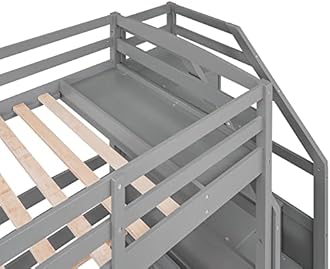 Merax Twin Over Twin&Twin Bunk Bed, Triple Bunk Bed with Drawers, Staircase with Storage, Built-in Shelves, Gray