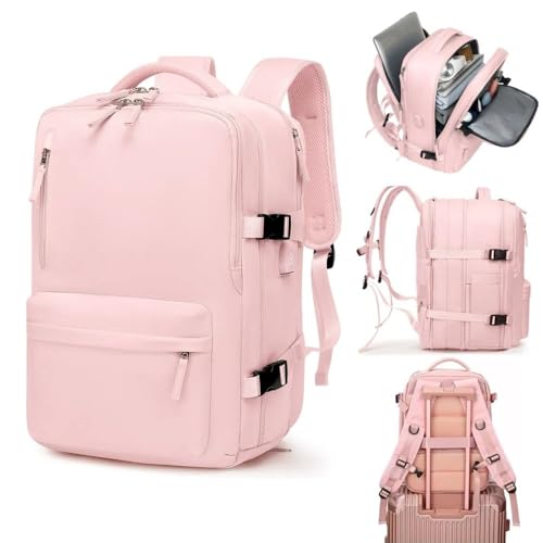 Mochila de Viagem com Compartimentos para notebook, Sapatos, Suporte para Mala, Múltiplos Compartimentos, Expansivel Masculina Feminina, Executiva Impermeável Reforçada, Trabalho, Escola (Rosa)