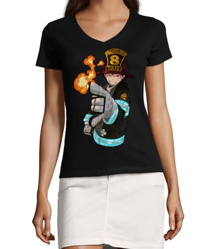 T-shirt Anime 32 col en V femme coton noir pour look urbain