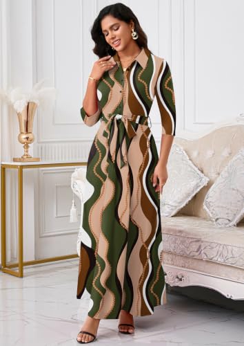 Image of Rumwind Maxi Dresses for Women, 3 /4 Sleeve Shirt Collar Casual Afircan Print Church Dress Button Down with Belt and Pockets