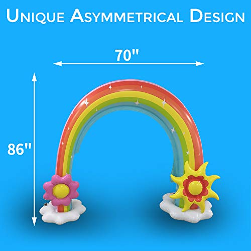 Rabosky Inflatable Rainbow Water Sprinkler, Large Outdoor Yard Water Toys for Toddlers and Kids, Unique Asymmetrical Design, 86" x 70", 2 Big Inflatable Frisbee Bring Kids More Summer Lawn Water Fun