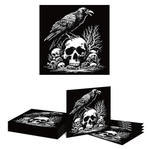 Kotkiddy 20 Halloween Servietten mit Totenkopf Rabe Motiv 2-lagig 33 cm Deko Einweg Tischdeko für Gruselparty Kinder Erwachsene Oktoberfest Feier Zuhause