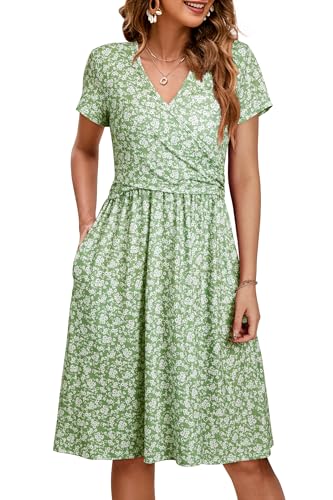Image of OUGES Maternity Nursing Dress Breastfeeding Short Sleeve V Neck Casual Pregnancy Clothes with Pockets