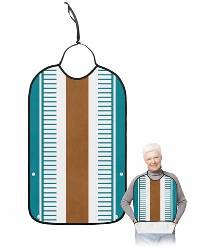 Adult Bibs for Eating, Vintage Teal Striped Brown Modern Boho Washable Elderly Adult Bibs for Men Women Large Reusable Adjustable Clothing Protector with Optional Crumb Catcher