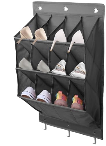 Schuhaufbewahrung Hangend - 12 Großen Taschen, Schuhregal Hängend Tür Schuh Organizer hängend mit 3 Metallhaken 3 Selbstklebenden Haken, Hängen Schlafzimmer und Wohnmobil Tür für Schuhe (Graue）