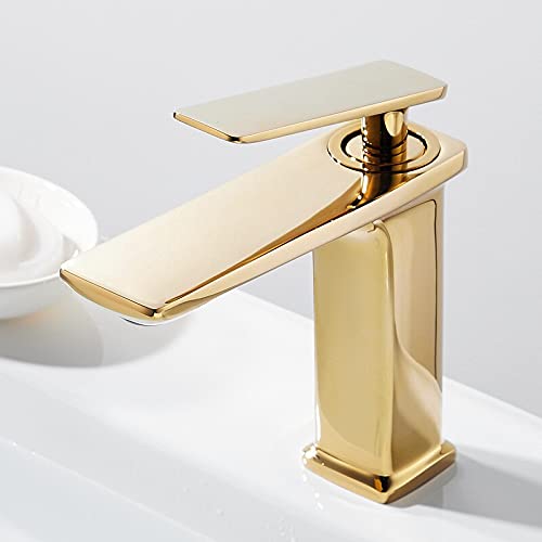 Mitigeur doré pour vasque haute de salle de bain au design épuré