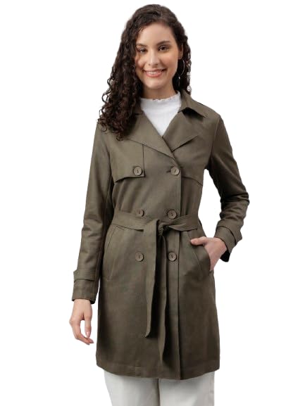 latin quarters Women's Olive Green Trench Lapel Collared Casual Solid Coat-picture-48