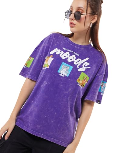 Image of Bewakoof Official Tom & Jerry Merchandise Women's Graphic Print Oversized Fit Half Sleeve Round Neck Cotton Jersey Acid Wash T-Shirt