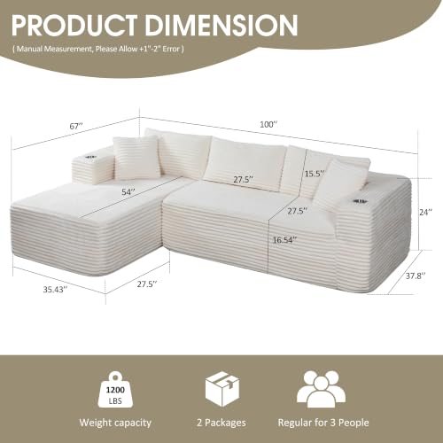 Image of Cloud Sectional Boneless Couches for Living Room,Modular Sectional Sofa with 2 Cup Holders,Memory Foam Cloud Couch with L Shaped Oversized Chaise,No Assembly Needed Plush Corduroy Sofa,Beige