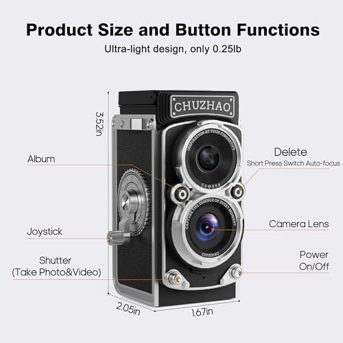 CHUZHAO Vintage Mini Digital Camera, Portable TLR Style Retro Point and Shoot Compact Small Pocket 1080P FHD Video 12MP Autofocus Vlogging Camera with 16 GB Card for Beginners Teens Adults Kids Black