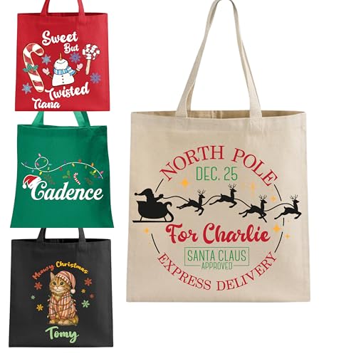 Personalized Christmas Tote Bag – Custom Canvas Reusable Grocery Bag with Reindeer, Cat, Snowman & Family Designs – Durable Eco-Friendly Holiday Shopping Tote with Name, Large Washable Xmas Bag
