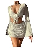 SHENHE Women's 4 Piece Swimsuit Fishnet Triangle Halter String Bikini Set with Cover Up Top Skirt Apricot Medium