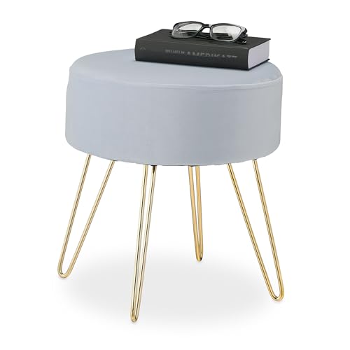 Relaxdays Taburete Tocador Terciopelo, Patas Hairpin, Puff Redondo, Asiento Acolchado Salón, 40 x 37 cm, Gris y Dorado