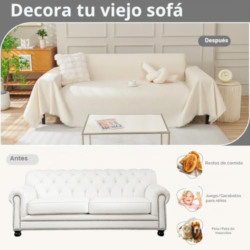Miniatura 4 de Royhom Manta Cubre Sofa, Fundas Para Sofas 2 Y 3 Plazas, Funda Para Sofá Universal, Fundas Sofá De Chenille Antiarrugas Con Borlas Decorativas Beige Blanco, 180x300 Cm