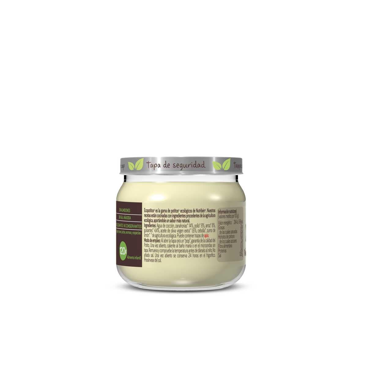 Nutribén Eco Potitos | Tarrito Ecológico de Pollo de Corral con Verduras| Para Bebés a Partir de 4 Meses | Sin Almidones | Sin Azúcares Añadidos | Ingredientes Naturales y Saludables | 120g