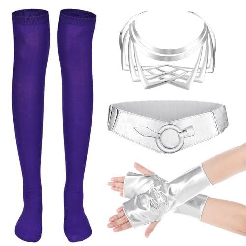 Langyiwee 4 Pcs Halloween Costume Accessory Elastic Waist Belt Necklace Choker Metallic Glove Thigh High Stockings(Novel)