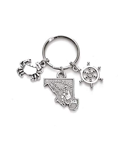 Maryland nautical theme keychain. Includes State of Maryland, Blue Crab, and Ship Wheel.