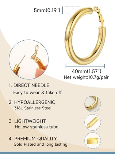 Image of Stainless Steel Chunky Hoop Earrings For Women, Minimalist and Chic, Black /Gold Plated, Round Hoops Earrings Hypoallergenic, Size: 30mm /40mm /60mm /80mm, Come with Box