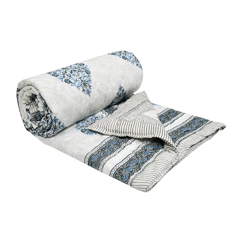 BLOCKS OF INDIA Cotton Single Size Quilt Hand Block Print for Light Winters (60x90 Inches) (Grey PAAN 1)-300 TC