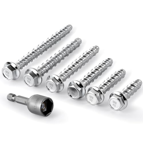 KOVSGQ Vis Beton Sans Cheville Tirefond Bois M8x50 20Stk Vis à Béton à tête Hexagonale Galvanisée Avec Rondelle et clé à Douille Hexagonale Pour...