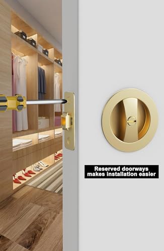 Image of goldenwarm Brushed Gold Pocket Door Lock, Zinc Alloy Gold Pocket Door Hardware(2-3 /8 inch Backset), Pocket Door Handles Round Pocket Door Locks for Bathroom for Closet Door Lock - 1 Pack