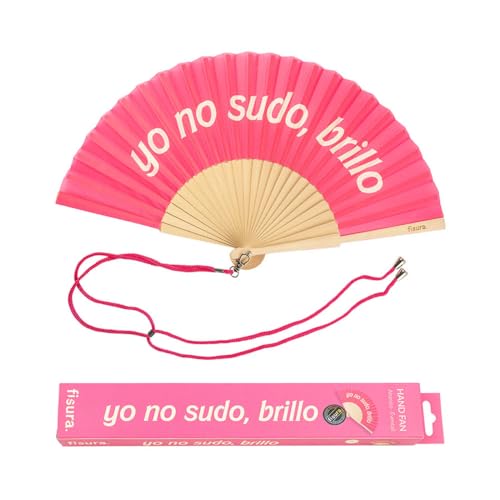 Fisura – Abanico original con mensaje “yo no sudo, brillo”. Abanico de madera moderno y gracioso. Abanico rosa. Abanico con cuelga abanico. 42,5 x 23 cm.