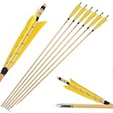 SHARROW Tiro con Arco Flechas de Madera Flechas de Caza Tradicionales Eje de Flecha de Madera Fletching 5' Plumas Naturales para Tiro de Caza (Amarillo, 6pcs)
