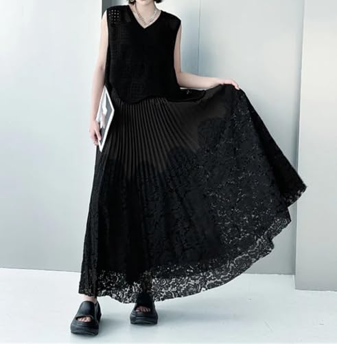Women's Vintage Maxi Skirt Party Patchwork Lace Irregular High-Waisted Pleated Long Skirts3