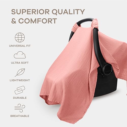 Image of Comfy Cubs Baby Car Seat Cover - Soft, Breathable Bamboo Rayon and Muslin Cotton Blend - Lightweight Canopy for Sun, Bug, and Comfort Protection - Large Size Infant Seat Cover in Dusty Rose Design
