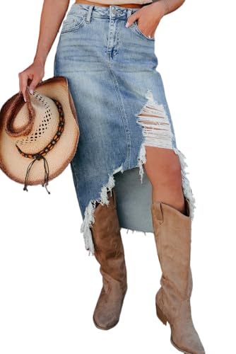 Apvirdy Irregular Distressed Denim Skirt for Women High Waist Buttoned Western Cowboy Jean Skirts 2025