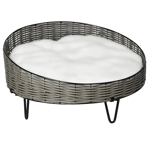 PawHut Cuccia per Cani e Gatti Rialzata in Rattan PE, Lettino per Cani di Taglia Piccola con Cuscino in Peluche Lavabile, Grigio Scuro