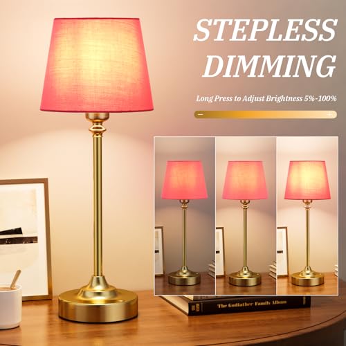 Image of Cordless Table Lamps Rechargeable Set - 2 Pack Brass 4000mAH Battery Operated Lamps for Decor, 3000K Stepless Dimming Touch Control Wireless Lamps for Bedroom, Dining Table, Living Room, Rose Shade