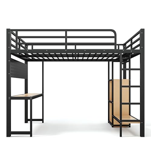 Image of Bellemave Queen Size Loft Bed with Desk,with USB Ports, Lights, and Hanging Rod, Cave Board Design, Metal Queen Loft Bed Frame for Adults, Kids, Teens, Black