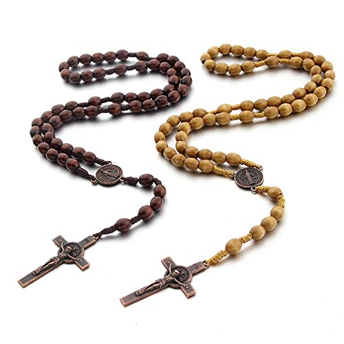 Jiali Q Lot de 2 chapelets catholiques en bois faits à la main - Bijoux religieux - 1 sombre + 1 clair