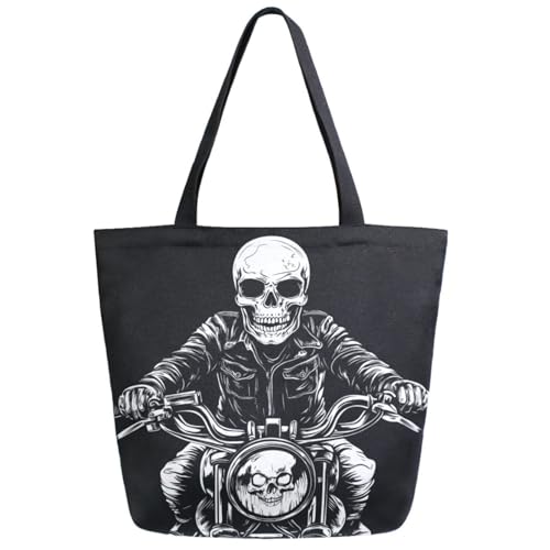 Fashion Skull Ride Motorcycle Black Extra Large Shoulder Tote Bag, Canvas Daily Handle Bag for Men Women Gym Yoga Weekender Picnic Beach Travel Kitchen Reusable Market Shopping