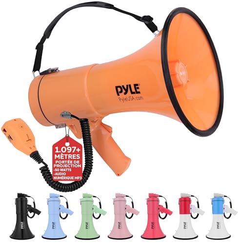 Pyle Mégaphone 50W-Haut-Parleur Portable avec Sirène Intégrée, Enregistrement, Bluetooth et AUX...