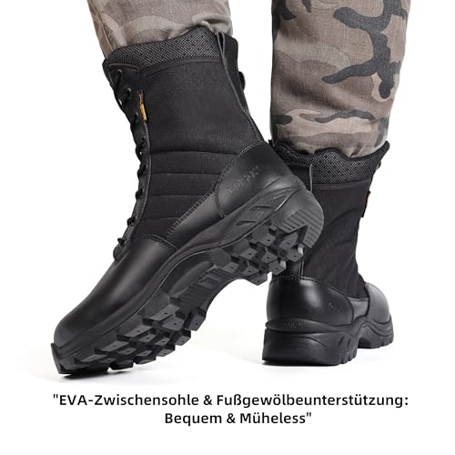 IODSON 8' Durchstichfeste Kampfstiefel Leicht Militär Stiefel Schwarz Springerstiefel Motorradstiefel Einsatzstiefel Herren&Damen mit seitlichen YKK-Reißverschlüssen Schwarz 46