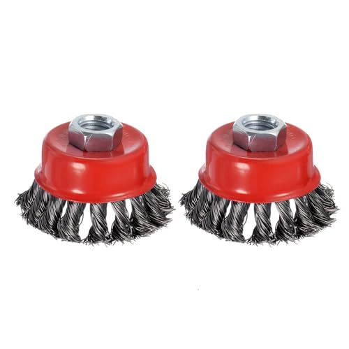 Image of 2 Pcs Twisted Knotted Wire Cup Brush for Angle Grinder - [2.5 Inch] for Paint Stripping Cleaning Rust Duty Abrasive, 5 /8 Inch-11 Threaded Arbor, .020 Carbon Steel Wire, Red