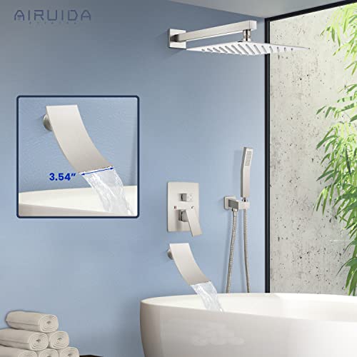 Airuida Brushed Nickel Bathtub Rain Shower System Set 3 Function Mixer Shower Faucet With Waterfall Tub Spout 10 Inch Wall Mount Rainfall Showerhead Handheld Combo Set Rough-In Valve Included #TOP6