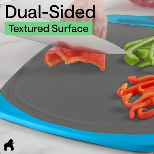 Image of GORILLA GRIP BPA-Free Reversible Kitchen Cutting Board Set of 3, US Designed, Nonporous, Juice Grooves Catch Liquid, Slip Resistant Border, Dishwasher Safe, Durable Food Chopping Boards, Gray Aqua